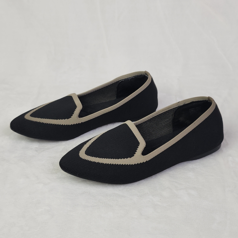 Birdies Blackbird Shoes Womens 7‎ Flat Black Cream Knit Slip On Pointed Toe